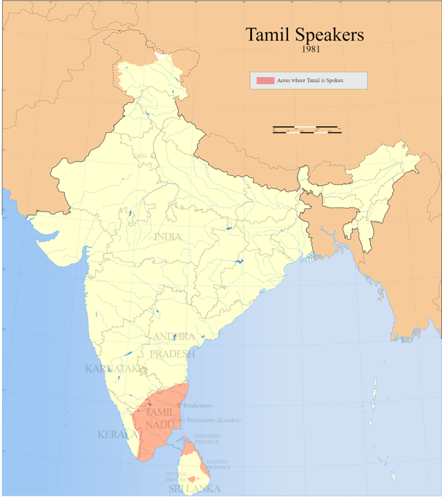 Distribution of Tamil speakers in South India and Sri Lanka (1961)