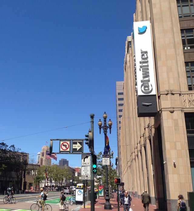 Twitter's San Francisco, California, headquarters, as seen from a corner on Market Street