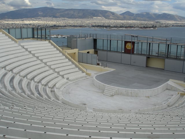 The Veakeio Theater (former Skylitseio) on the hill of Kastella, with view to the Saronic Gulf, Mount Hymettus and the southeastern part of Athens.