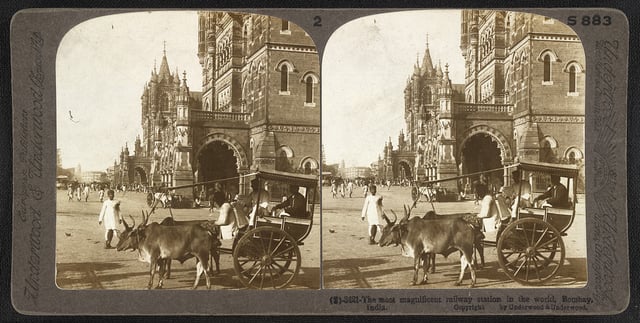 A 1903 stereographic image of Victoria Terminus a terminal train station, in Mumbai, completed in 1887, and now a UNESCO World Heritage Site
