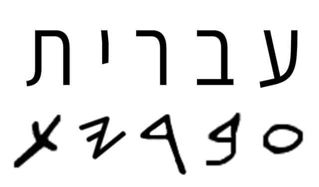 The word HEBREW written in modern Hebrew language (top), and in Paleo-Hebrew alphabet (bottom)