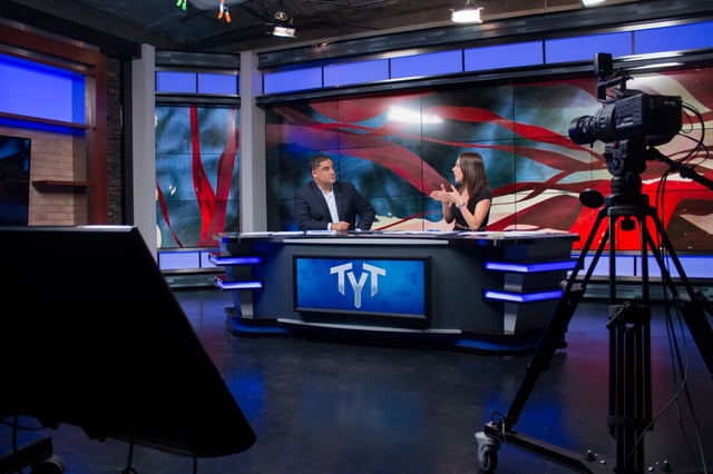 Cenk Uygur (left) and Ana Kasparian (right) on the show's set in 2015