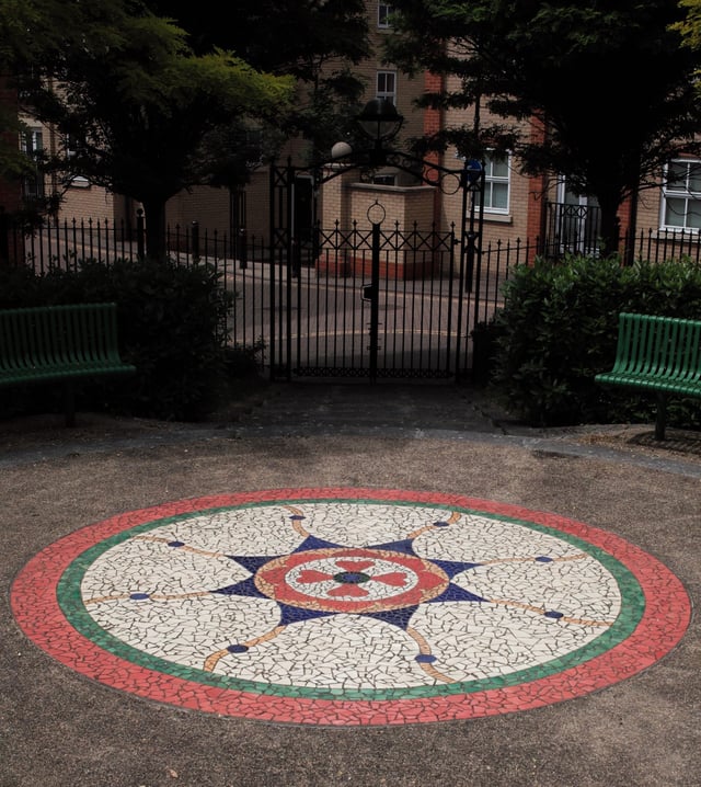 'Balkerne Star' designed by Anne Schwegmann-Fielding, Balkerne Heights, Colchester – made in 2006 and inspired by a Roman mosaic flooring found in Colchester.