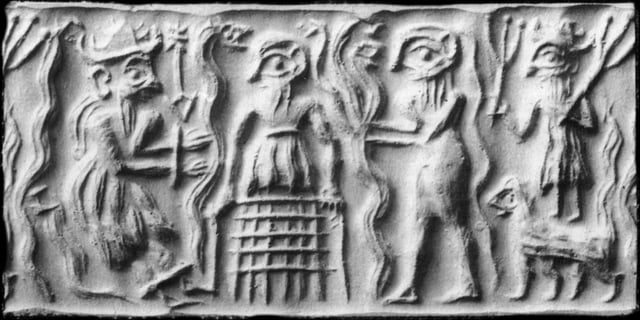 Ancient Sumerian cylinder seal impression showing the god Dumuzid being tortured in the Underworld by galla