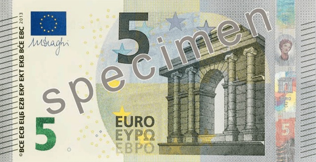 5 euro note from the new Europa series written in Latin (EURO) and Greek (ΕΥΡΩ) alphabets, but also in the Cyrillic (ЕВРО) alphabet, as a result of Bulgaria joining the European Union in 2007.