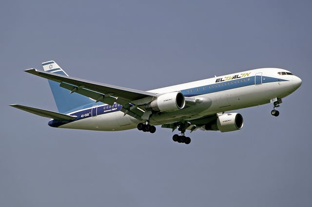 An El Al Boeing 767-200 on short final to London Heathrow Airport in 1985.