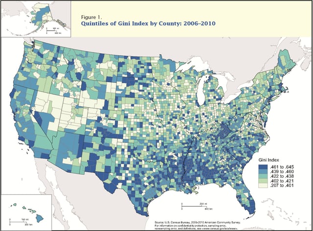 This Gini Index map shows regional and county level variation in pre-tax income inequality Gini index. The 2010 Gini index value range from 0.207 for Loving County (Texas) to 0.645 to East Carroll Parish (Louisiana).