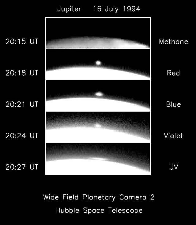 Hubble Space Telescope images of a fireball from the first impact appearing over the limb of the planet