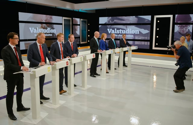 The party leaders lined up before the start of the televised live debate on 12 September 2014.