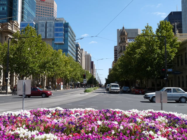 King William Street, one of the widest main streets in an Australian capital city, viewed from Victoria Square.