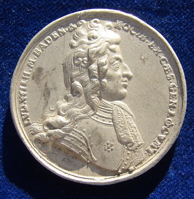 The portrait of Türkenlouis in 1691, on a medallion by Georg Hautsch celebrating the victory against the Ottoman Empire at Slankamen, obverse.