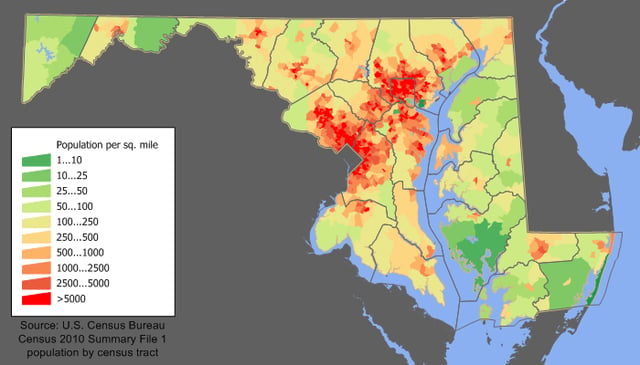 Maryland's population is concentrated mostly in the Baltimore and Washington metropolitan areas.
