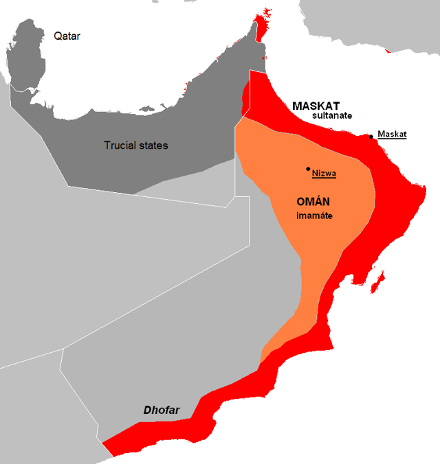 The split between the interior region (orange) and the coastal region (red) of Oman and Muscat.