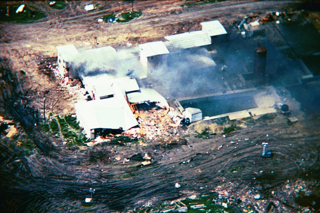 McVeigh and Nichols cited the federal government's actions against the Branch Davidian compound in the 1993 Waco siege (shown above) as a reason why they perpetrated the Oklahoma City bombing.