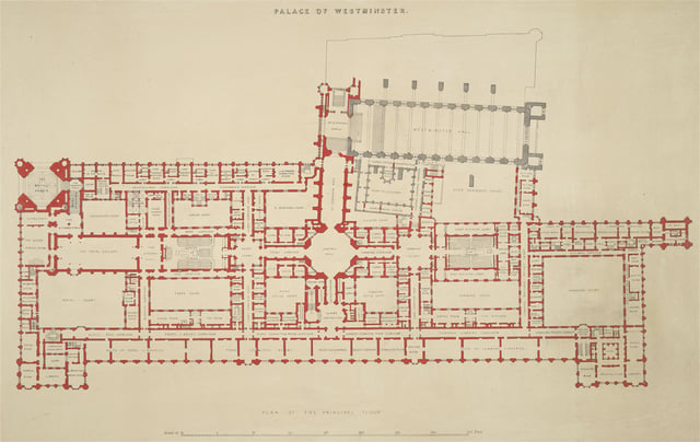 Layout of the principal floor (north is to the right). The debating chambers of the two Houses and their ante-rooms lie on opposite sides of the Central Lobby and are part of the central spine of the Palace, which includes the suite of ceremonial rooms to the south. The Victoria Tower occupies the south-west corner and the Speaker's House takes up the north-east corner; the Elizabeth Tower is at the far north and Westminster Hall protrudes to the west.