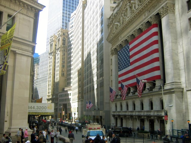 The New York Stock Exchange on Wall Street, by a significant margin the world's largest stock exchange per market capitalization of its listed companies, at US$23.1 trillion as of April 2018.