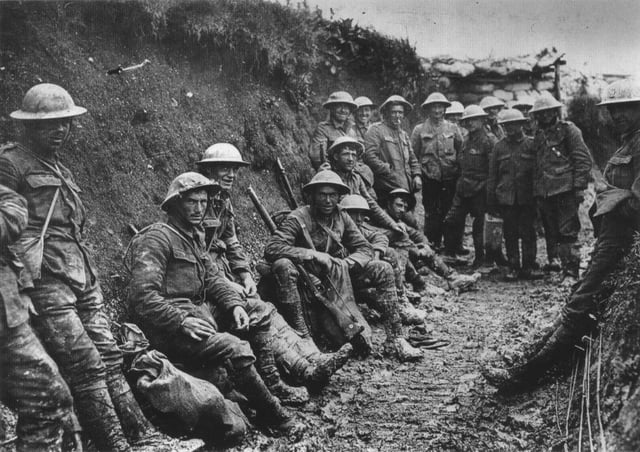 Royal Irish Rifles in a communications trench, first day on the Somme, 1916