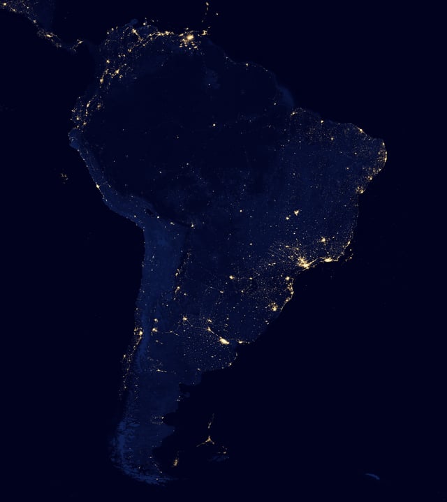 Satellite view of South America at night from NASA.
