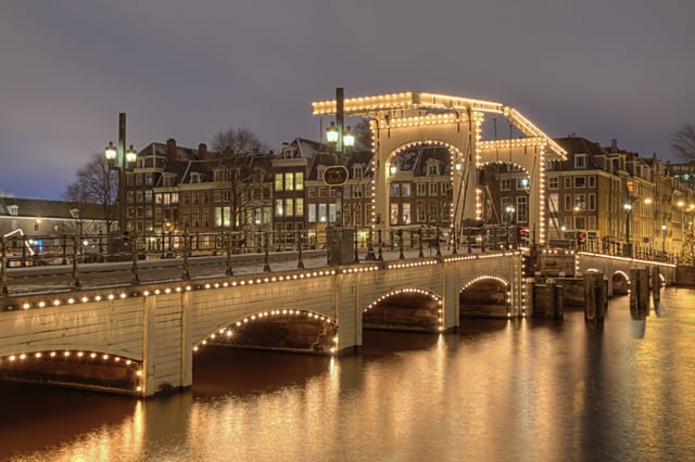 The Magere Brug or "Skinny Bridge" over the Amstel at night.
