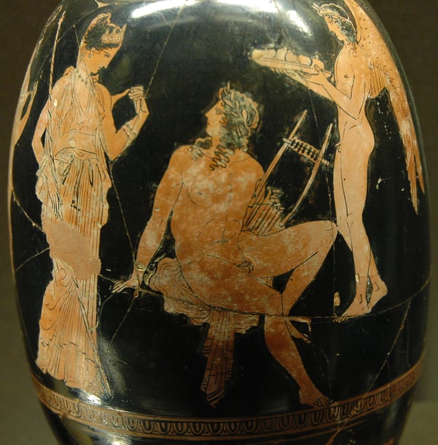 Attic red-figure aryballos painting by Aison (c. 410 BC) showing Adonis consorting with Aphrodite