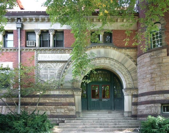 Lyman Hall, built 1890-92, designed by Stone, Carpenter and Willson in Richardsonian Romanesque style, houses the Department of Theatre Arts and Performance Studies