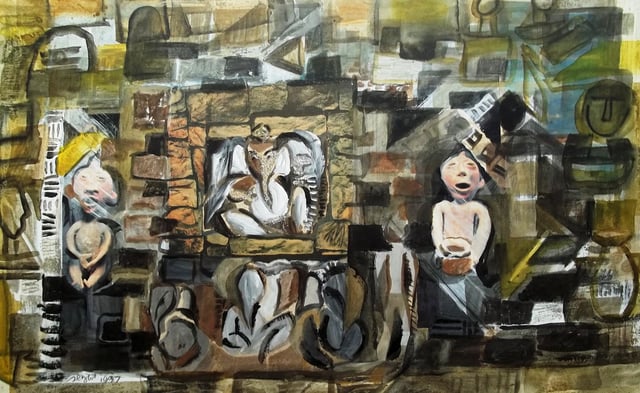 Excavation of Ganesha statute 16x24 inch mixed media on card board-1997. This painting was not originated from a excavation site but in the site of sculptors working near Mamallapuram Temple in the southern part of Chennai of Tamil Nadu state in India. This happened during the artists visit to India in 1996.
