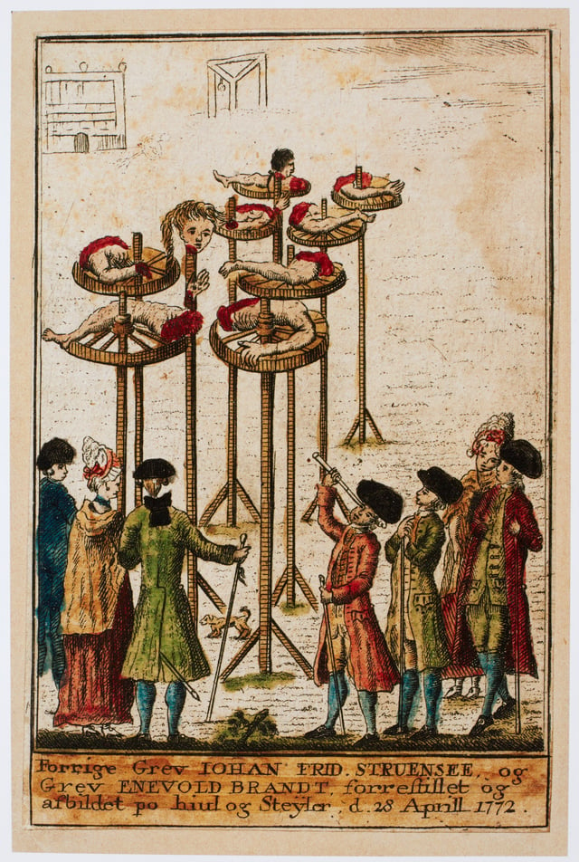 Denmark's social reformers Struensee and Brandt quartered and displayed on the wheel on 28 April 1772