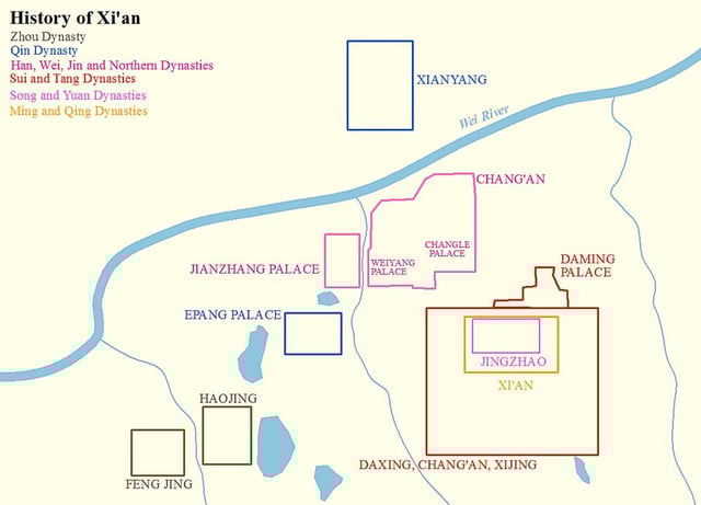 A map of the city walls of settlements in Xi'an from the Zhou to Qing dynasties