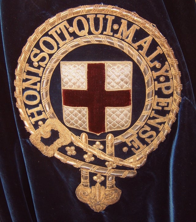 Symbol of the Order of the Garter embroidered onto the left shoulder of the blue velvet mantle of a Knight