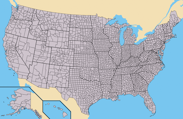 The states of the United States as divided into counties (or, in Louisiana and Alaska, parishes and boroughs, respectively). Alaska and Hawaii are not to scale and the Aleutian and uninhabited Northwestern Hawaiian Islands have been omitted.