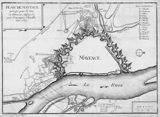 Siege of Mainz 1689. Many of the larger fortified complexes had citadels. Once the town had been captured the garrison would withdraw into the citadel, which then had to be separately reduced.