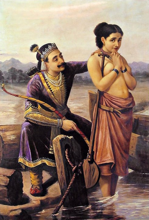Shantanu woos Satyavati, the fisherwoman. Painting by Raja Ravi Varma.
