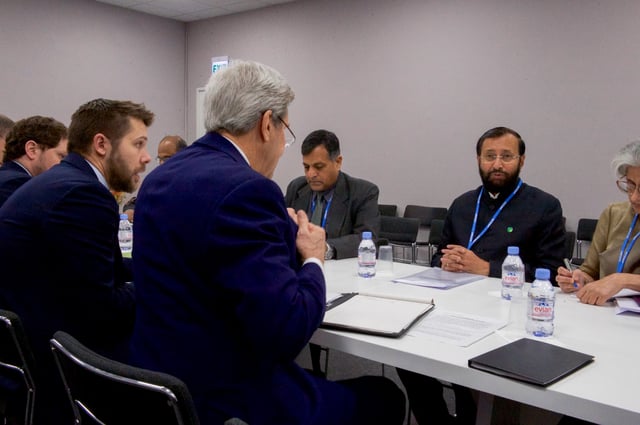 Javadekar meeting with US Secretary of State John Kerry at COP21 in Paris.