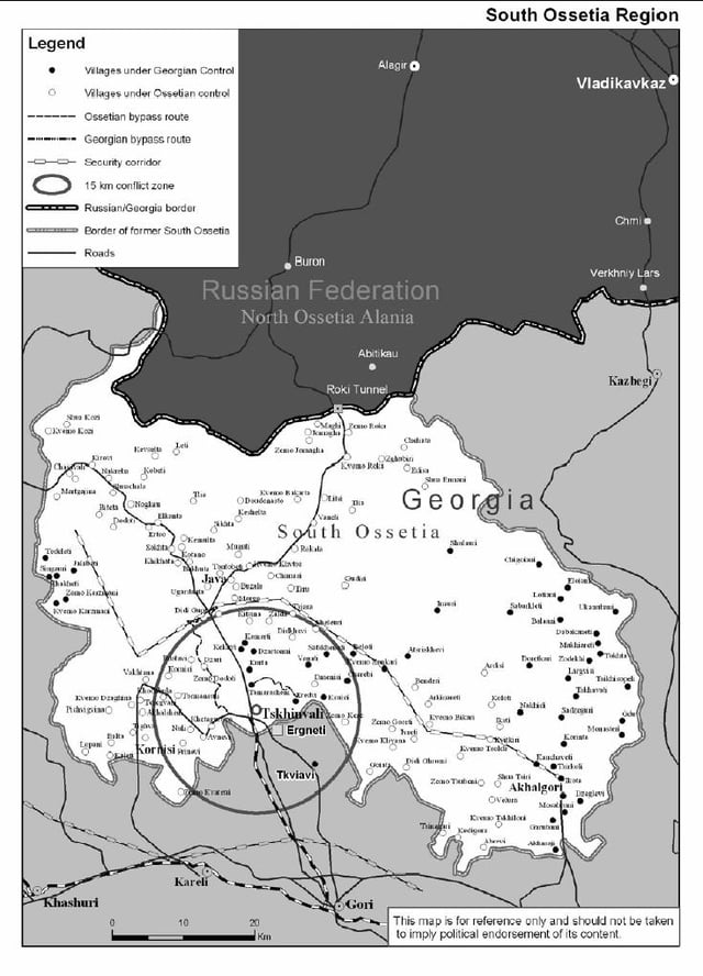 Detailed map of South Ossetia showing the secessionist and Georgian-controlled territories, November 2004.