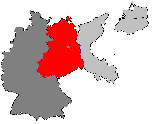 Germany defeated: On the basis of the Potsdam Conference, the Allies jointly occupied Germany west of the Oder–Neisse line, later forming these occupied territories into two independent countries. Light grey: territories annexed by Poland and the Soviet Union; dark grey: West Germany (formed from the US, UK and French occupation zones, including West Berlin); red: East Germany (formed from the Soviet occupation zone, including East Berlin).