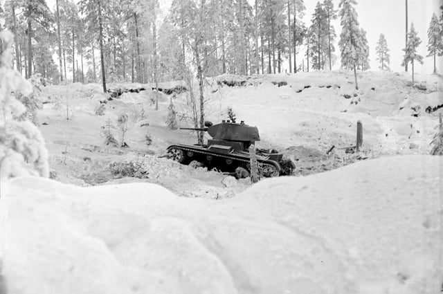 Soviet T-26 Model 1937 "advancing aggressively", as described by the photographer, on the eastern side of Kollaa River during the battle of Kollaa