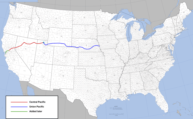 1863-1869: Union Pacific built west (blue line), Central Pacific built east (red line) and Western Pacific built the last leg (green line) to complete the first transcontinental railroad to the Pacific
