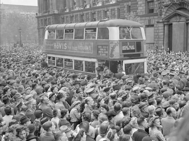 Britons gathered in Whitehall to hear Winston Churchill's victory speech on 8 May 1945