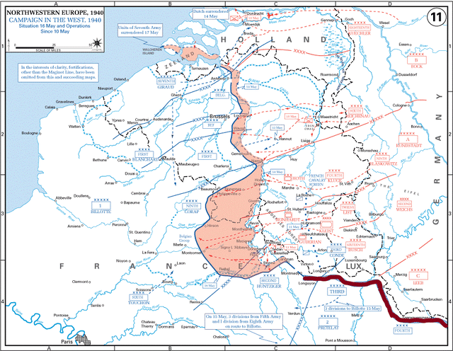 German advance into Belgium and Northern France, 10 May-4 June 1940, swept past the Maginot Line (shown in dark red)