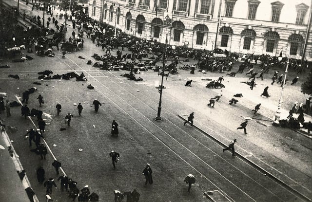 A scene from the July Days. The army has just opened fire on street protesters.