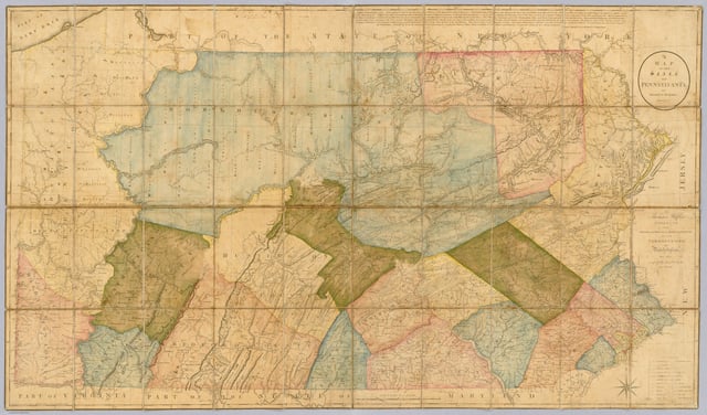 A map of Pennsylvania in 1792. Wilkes-Barre is visible in the northeast. At the time, Luzerne County occupied a vast portion of Northeastern Pennsylvania.
