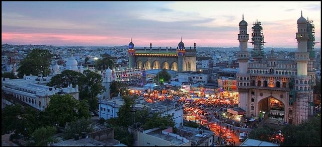 Evening view of The Charminar along with other historical structures and Bazaars.