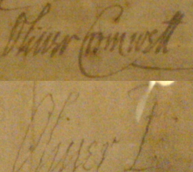 Cromwell's signature before becoming Lord Protector in 1653, and afterwards. 'Oliver P', standing for Oliver Protector, similar in style to English monarchs who signed their names as, for example, 'Elizabeth R' standing for Elizabeth Regina.