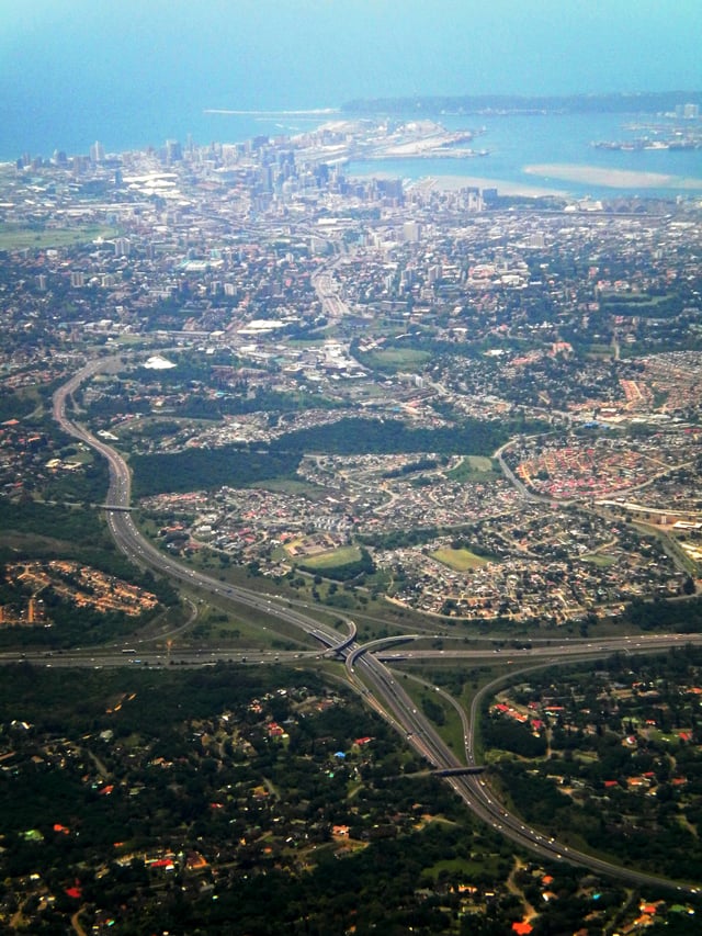 N3 freeway on its approach to Durban's CBD, with N2–N3 stack interchange in the foreground