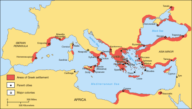 Greek territories and colonies during the Archaic period (750–550 BC)