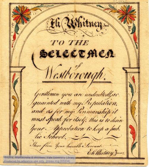 Petition by Whitney to the selectmen of Westborough, Massachusetts, to run a public school, with sample of his penmanship
