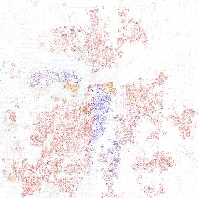 Map of racial distribution in Kansas City, 2010 U.S. Census. Each dot is 25 people: White, Black, Asian, Hispanic or Other (yellow)