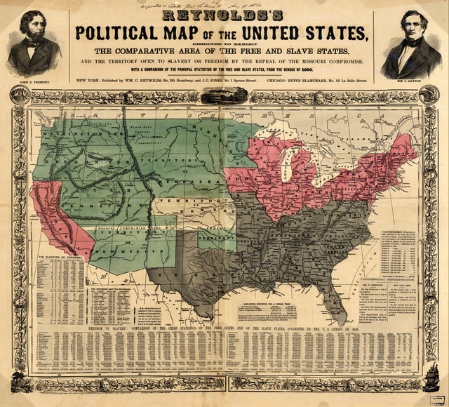 This 1856 map shows slave states (gray), free states (pink), U.S. territories (green), and Kansas (white)