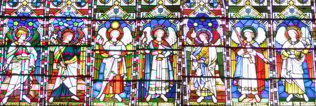 Seven Archangels as given by Pseudo-Dionysius depicted in the stained glass window at St Michael's Church, Brighton. From left: Michael, Gabriel, Uriel, Chamuel (Camael), Raphael, Jophiel, and Zadkiel.