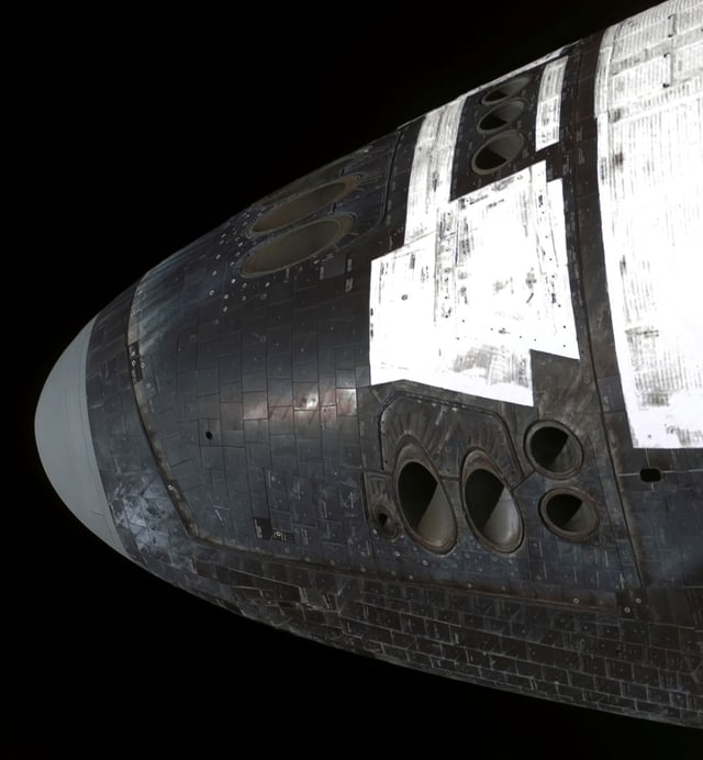 Reaction control system thrusters on the front of the U.S. Space Shuttle